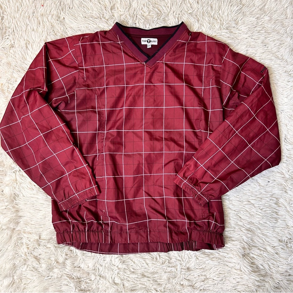 ◾️Vintage Top Flite Golf Maroon And White Plaid Windbreaker Pull Over Jacket